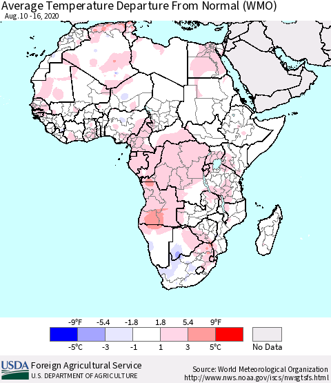 Africa Average Temperature Departure from Normal (WMO) Thematic Map For 8/10/2020 - 8/16/2020