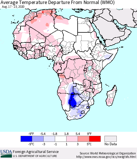 Africa Average Temperature Departure from Normal (WMO) Thematic Map For 8/17/2020 - 8/23/2020
