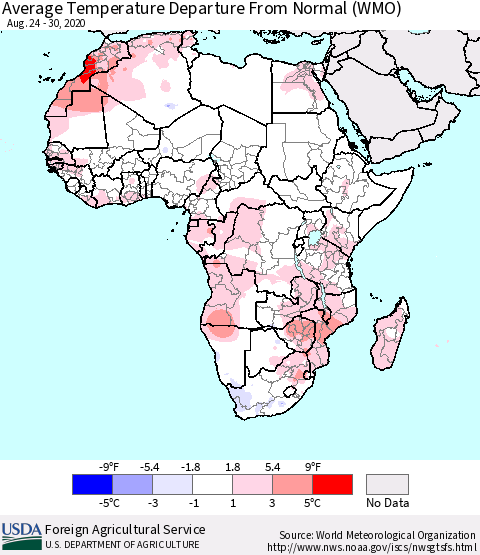 Africa Average Temperature Departure from Normal (WMO) Thematic Map For 8/24/2020 - 8/30/2020
