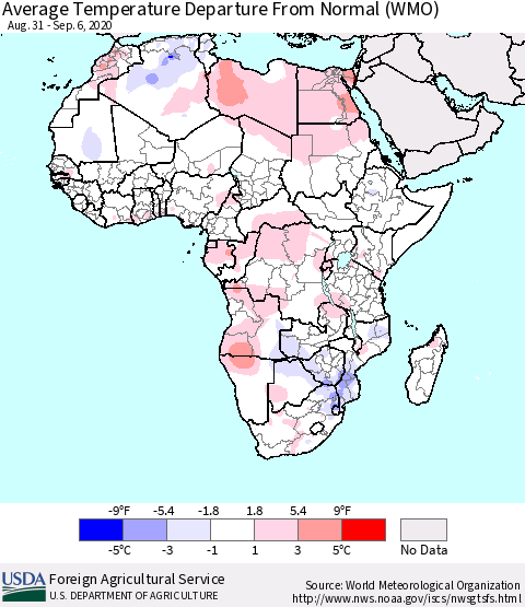 Africa Average Temperature Departure from Normal (WMO) Thematic Map For 8/31/2020 - 9/6/2020