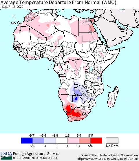 Africa Average Temperature Departure from Normal (WMO) Thematic Map For 9/7/2020 - 9/13/2020