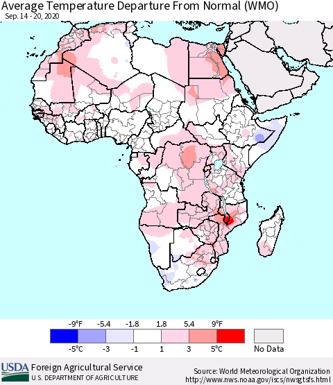Africa Average Temperature Departure from Normal (WMO) Thematic Map For 9/14/2020 - 9/20/2020