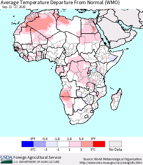 Africa Average Temperature Departure from Normal (WMO) Thematic Map For 9/21/2020 - 9/27/2020