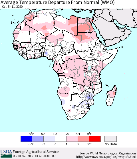 Africa Average Temperature Departure from Normal (WMO) Thematic Map For 10/5/2020 - 10/11/2020