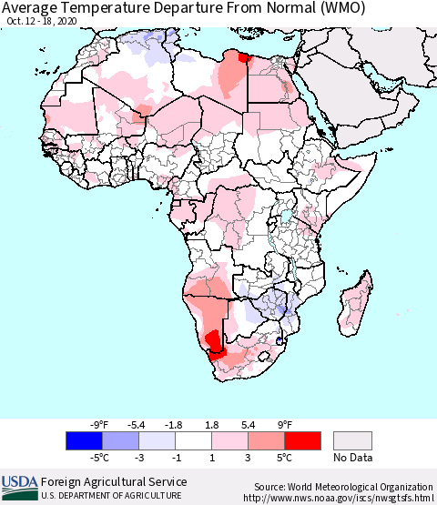 Africa Average Temperature Departure from Normal (WMO) Thematic Map For 10/12/2020 - 10/18/2020