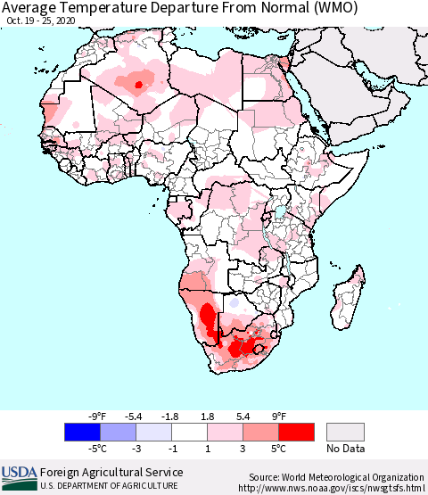 Africa Average Temperature Departure from Normal (WMO) Thematic Map For 10/19/2020 - 10/25/2020