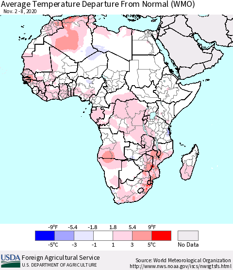 Africa Average Temperature Departure from Normal (WMO) Thematic Map For 11/2/2020 - 11/8/2020