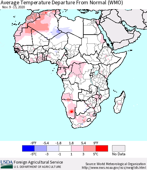 Africa Average Temperature Departure from Normal (WMO) Thematic Map For 11/9/2020 - 11/15/2020