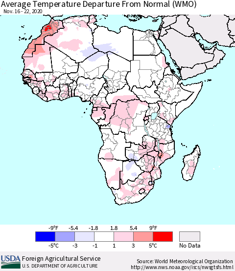 Africa Average Temperature Departure from Normal (WMO) Thematic Map For 11/16/2020 - 11/22/2020