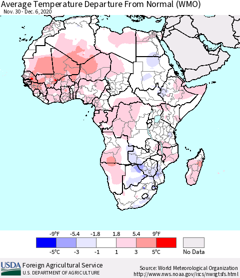 Africa Average Temperature Departure from Normal (WMO) Thematic Map For 11/30/2020 - 12/6/2020
