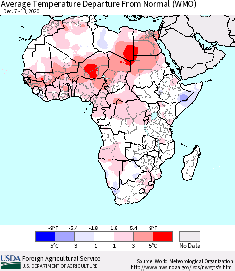 Africa Average Temperature Departure from Normal (WMO) Thematic Map For 12/7/2020 - 12/13/2020