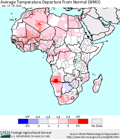 Africa Average Temperature Departure from Normal (WMO) Thematic Map For 12/14/2020 - 12/20/2020