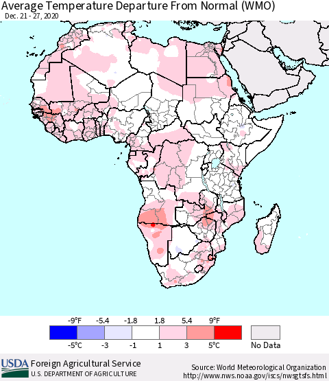 Africa Average Temperature Departure from Normal (WMO) Thematic Map For 12/21/2020 - 12/27/2020
