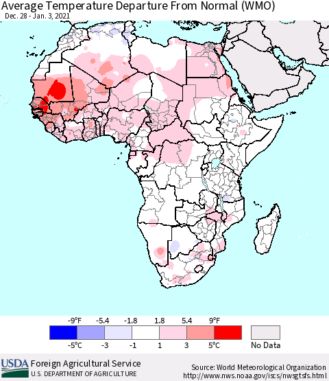 Africa Average Temperature Departure from Normal (WMO) Thematic Map For 12/28/2020 - 1/3/2021