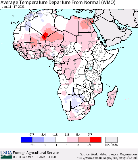 Africa Average Temperature Departure from Normal (WMO) Thematic Map For 1/11/2021 - 1/17/2021