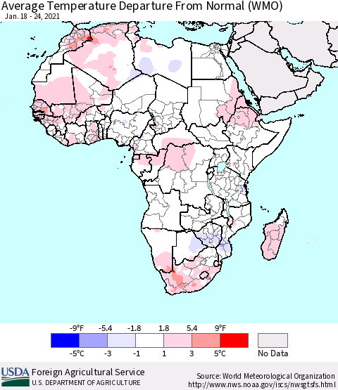 Africa Average Temperature Departure from Normal (WMO) Thematic Map For 1/18/2021 - 1/24/2021