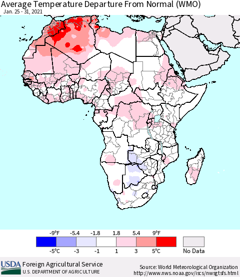 Africa Average Temperature Departure from Normal (WMO) Thematic Map For 1/25/2021 - 1/31/2021