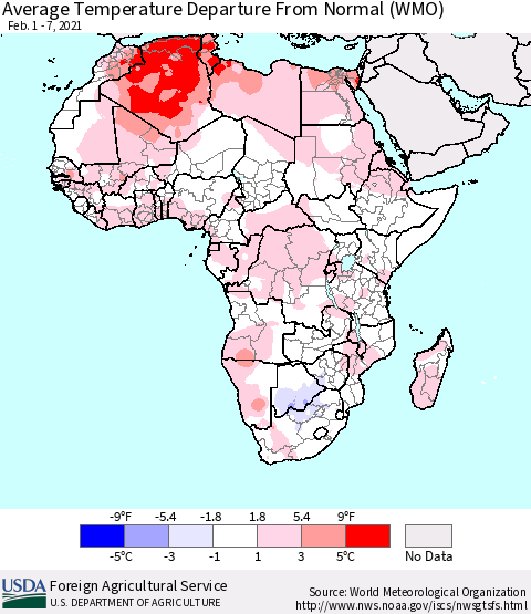 Africa Average Temperature Departure from Normal (WMO) Thematic Map For 2/1/2021 - 2/7/2021