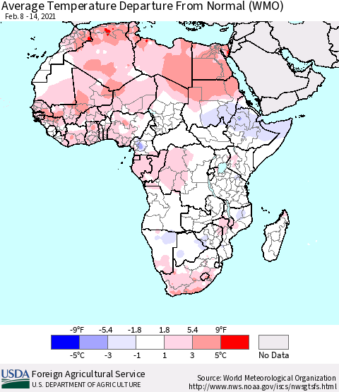 Africa Average Temperature Departure from Normal (WMO) Thematic Map For 2/8/2021 - 2/14/2021