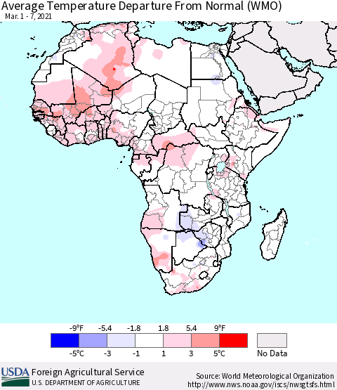 Africa Average Temperature Departure from Normal (WMO) Thematic Map For 3/1/2021 - 3/7/2021