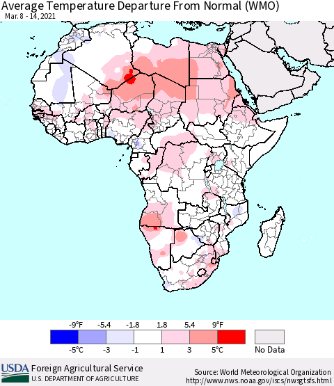 Africa Average Temperature Departure from Normal (WMO) Thematic Map For 3/8/2021 - 3/14/2021