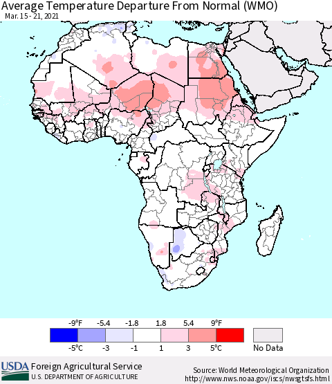 Africa Average Temperature Departure from Normal (WMO) Thematic Map For 3/15/2021 - 3/21/2021