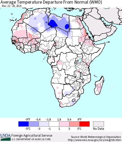 Africa Average Temperature Departure from Normal (WMO) Thematic Map For 3/22/2021 - 3/28/2021
