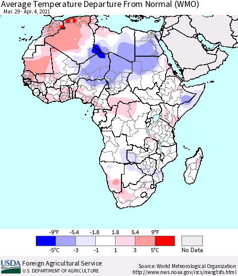 Africa Average Temperature Departure from Normal (WMO) Thematic Map For 3/29/2021 - 4/4/2021