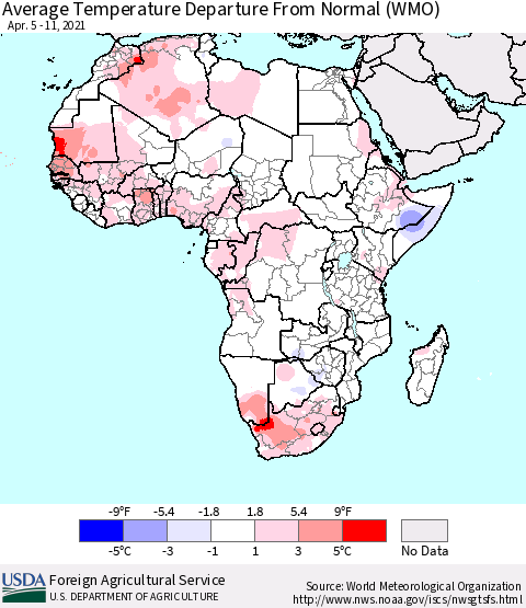 Africa Average Temperature Departure from Normal (WMO) Thematic Map For 4/5/2021 - 4/11/2021