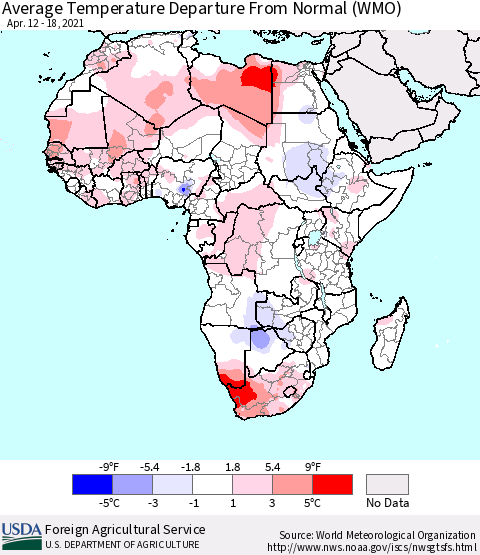 Africa Average Temperature Departure from Normal (WMO) Thematic Map For 4/12/2021 - 4/18/2021