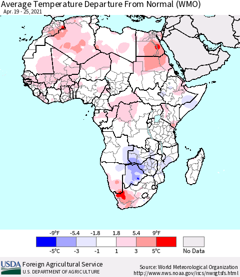 Africa Average Temperature Departure from Normal (WMO) Thematic Map For 4/19/2021 - 4/25/2021