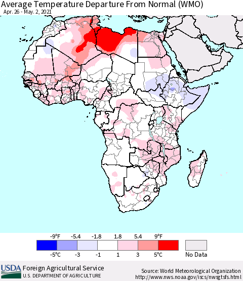 Africa Average Temperature Departure from Normal (WMO) Thematic Map For 4/26/2021 - 5/2/2021