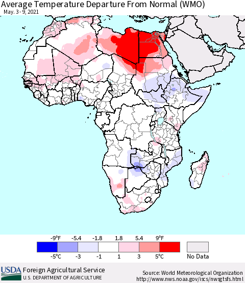 Africa Average Temperature Departure from Normal (WMO) Thematic Map For 5/3/2021 - 5/9/2021