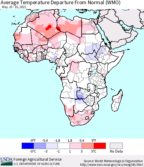Africa Average Temperature Departure from Normal (WMO) Thematic Map For 5/10/2021 - 5/16/2021