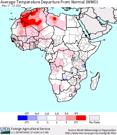 Africa Average Temperature Departure from Normal (WMO) Thematic Map For 5/17/2021 - 5/23/2021