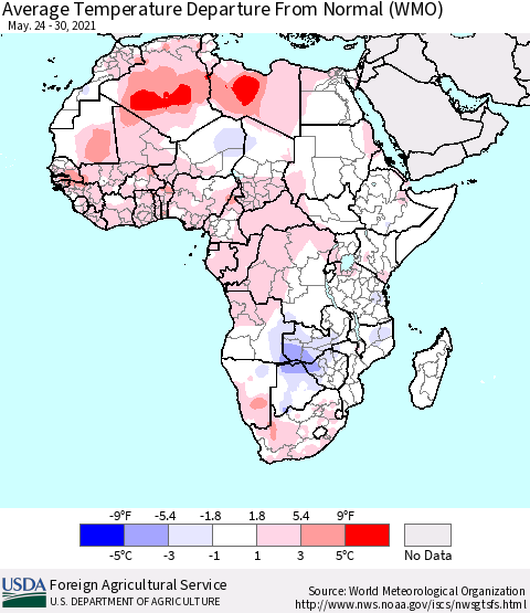 Africa Average Temperature Departure from Normal (WMO) Thematic Map For 5/24/2021 - 5/30/2021