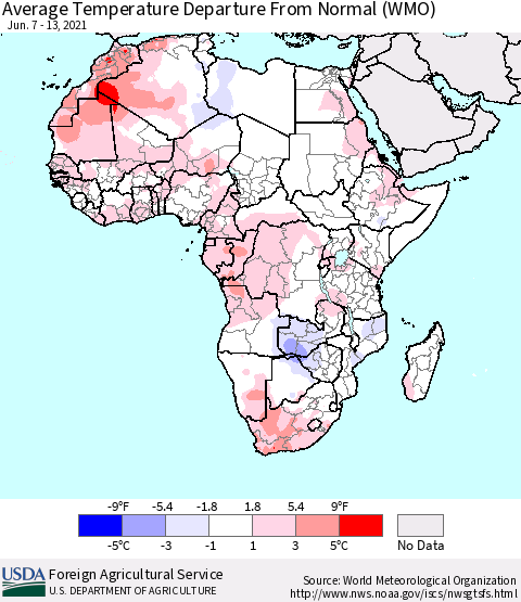 Africa Average Temperature Departure from Normal (WMO) Thematic Map For 6/7/2021 - 6/13/2021