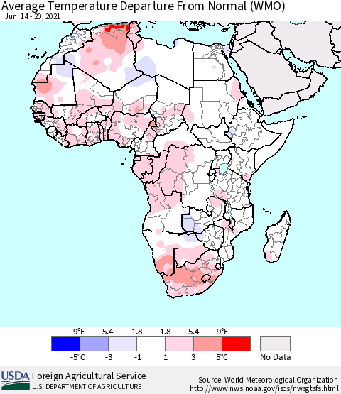 Africa Average Temperature Departure from Normal (WMO) Thematic Map For 6/14/2021 - 6/20/2021
