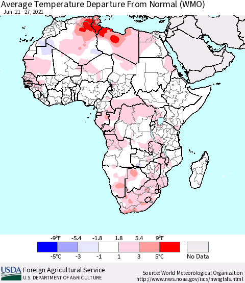 Africa Average Temperature Departure from Normal (WMO) Thematic Map For 6/21/2021 - 6/27/2021