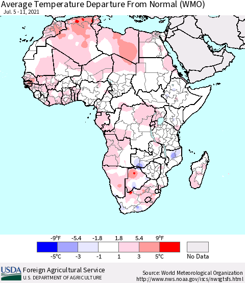 Africa Average Temperature Departure from Normal (WMO) Thematic Map For 7/5/2021 - 7/11/2021