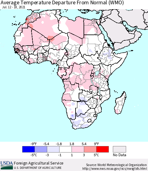 Africa Average Temperature Departure from Normal (WMO) Thematic Map For 7/12/2021 - 7/18/2021