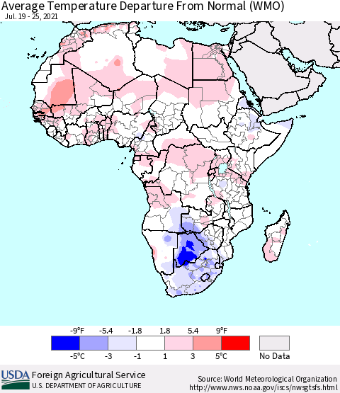 Africa Average Temperature Departure from Normal (WMO) Thematic Map For 7/19/2021 - 7/25/2021
