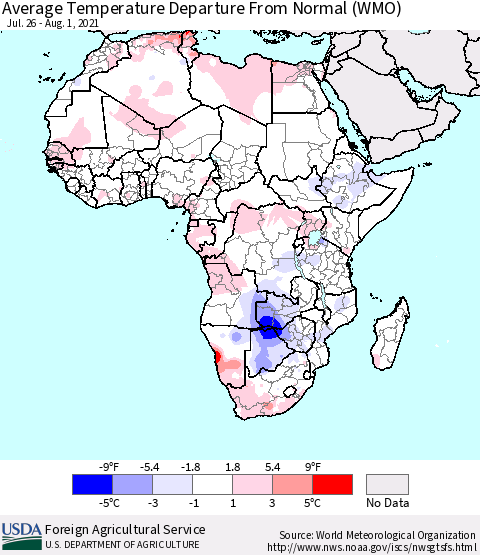 Africa Average Temperature Departure from Normal (WMO) Thematic Map For 7/26/2021 - 8/1/2021