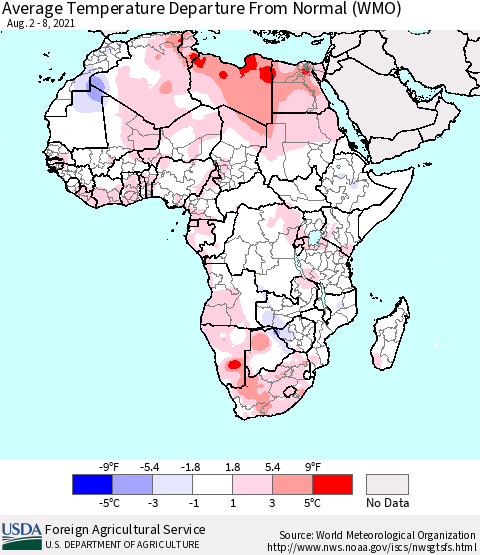 Africa Average Temperature Departure from Normal (WMO) Thematic Map For 8/2/2021 - 8/8/2021