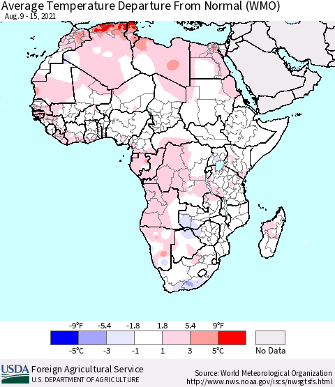Africa Average Temperature Departure from Normal (WMO) Thematic Map For 8/9/2021 - 8/15/2021