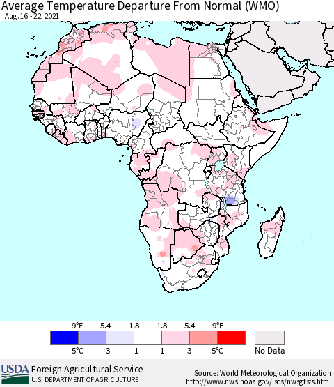 Africa Average Temperature Departure from Normal (WMO) Thematic Map For 8/16/2021 - 8/22/2021