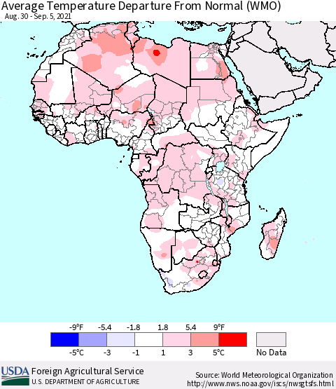 Africa Average Temperature Departure from Normal (WMO) Thematic Map For 8/30/2021 - 9/5/2021