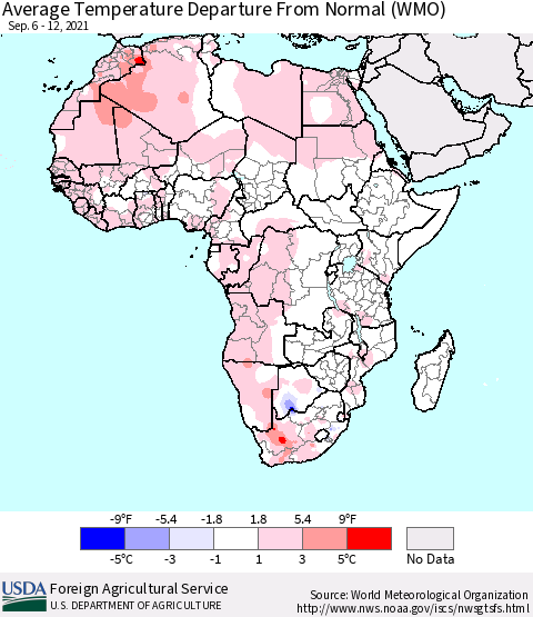 Africa Average Temperature Departure from Normal (WMO) Thematic Map For 9/6/2021 - 9/12/2021