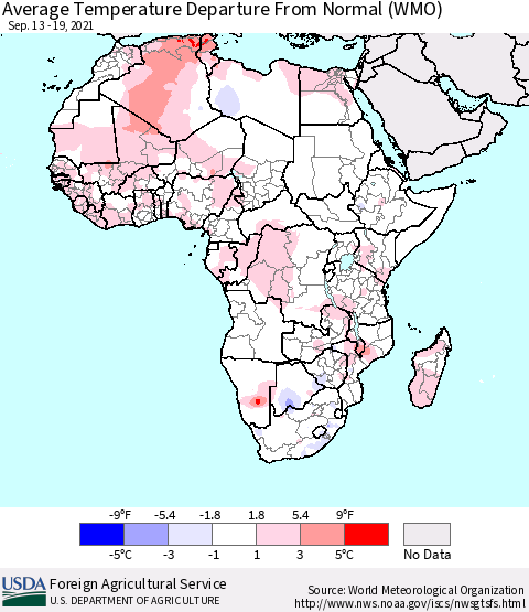 Africa Average Temperature Departure from Normal (WMO) Thematic Map For 9/13/2021 - 9/19/2021