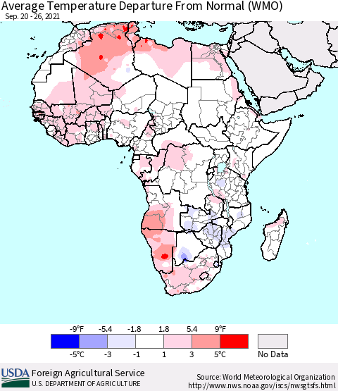 Africa Average Temperature Departure from Normal (WMO) Thematic Map For 9/20/2021 - 9/26/2021
